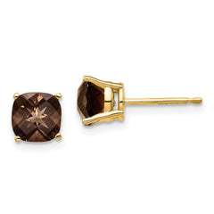 14K Yellow Gold 6mm Cushion Smokey Quartz Stud Earrings