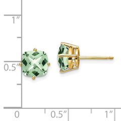 14K Yellow Gold 7mm Cushion Checker-cut Green Quartz Earrings