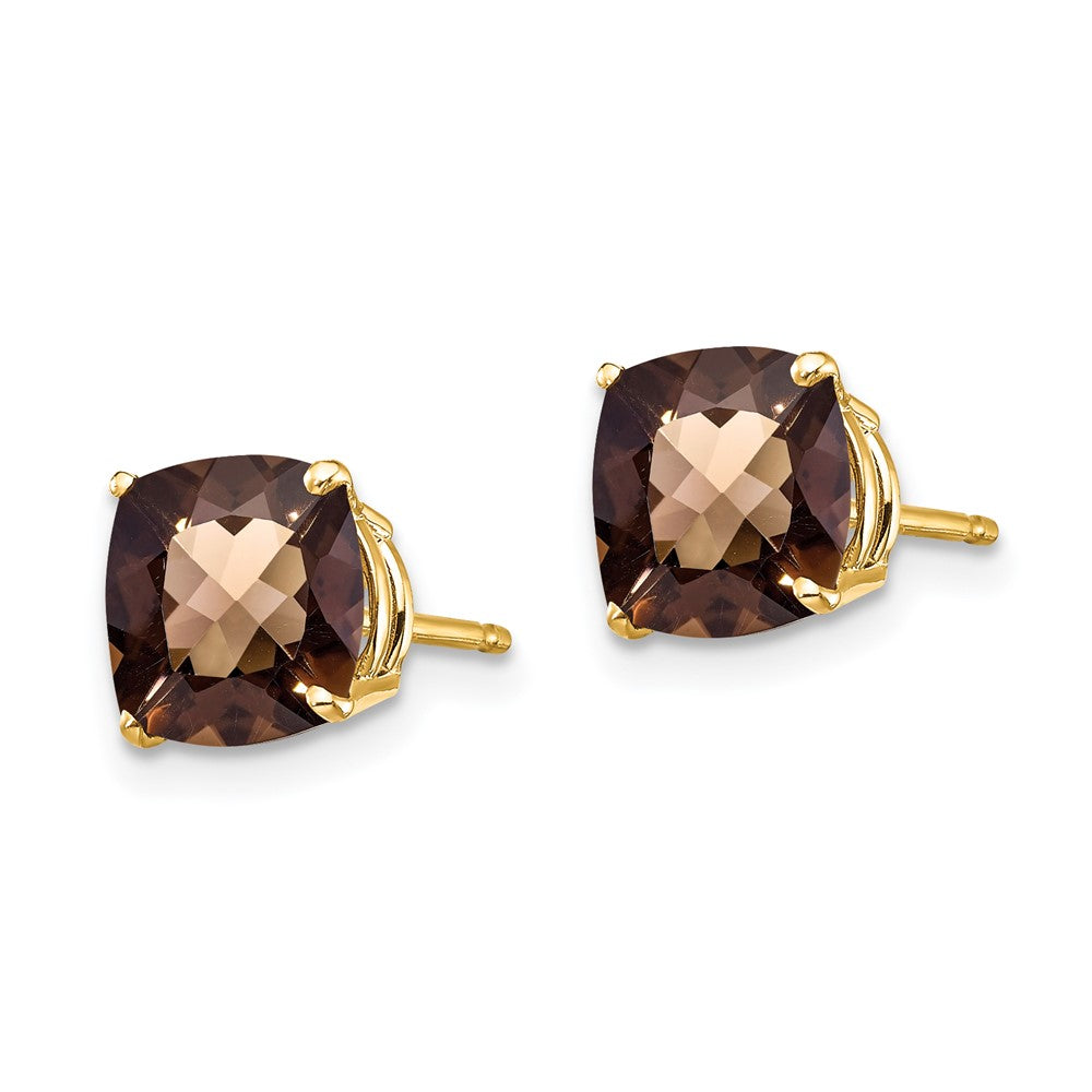 14K Yellow Gold 7mm Cushion Checker-cut Smokey Quartz Stud Earrings