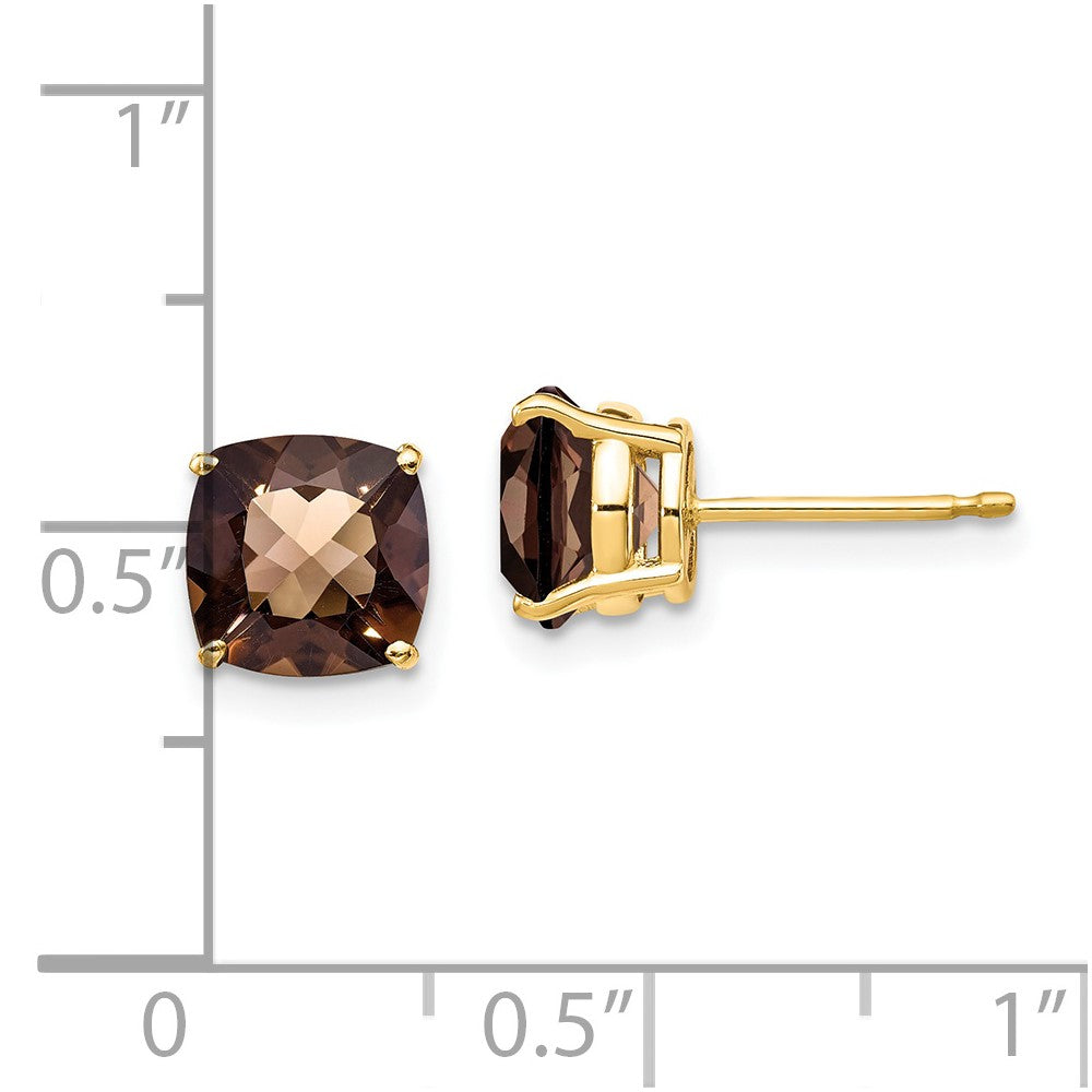 14K Yellow Gold 7mm Cushion Checker-cut Smokey Quartz Stud Earrings
