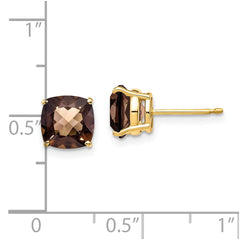 14K Yellow Gold 7mm Cushion Checker-cut Smokey Quartz Stud Earrings