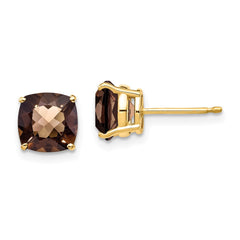 14K Yellow Gold 7mm Cushion Checker-cut Smokey Quartz Stud Earrings