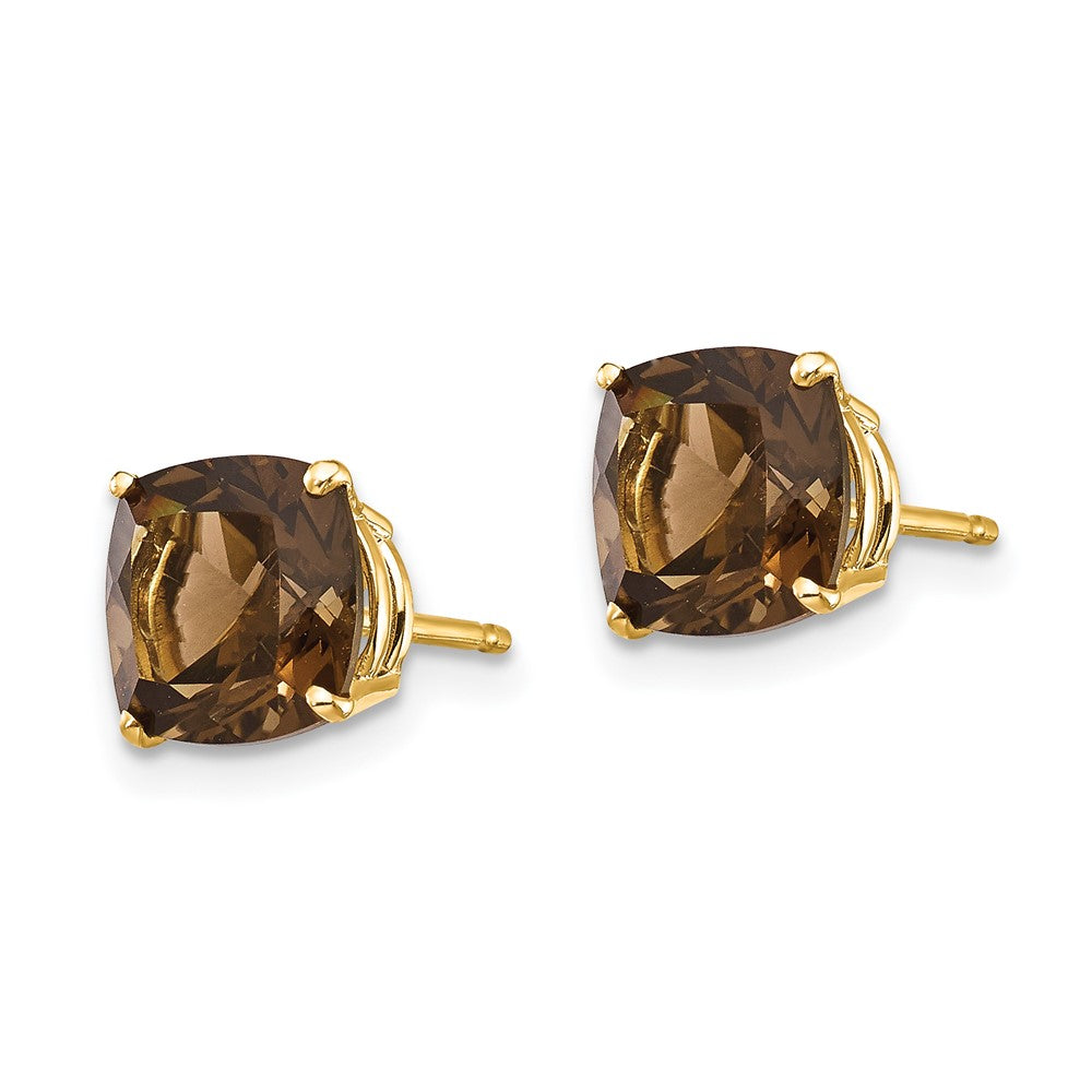 14K Yellow Gold 7mm Cushion Smokey Quartz Stud Earrings