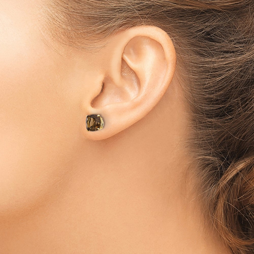14K Yellow Gold 7mm Cushion Smokey Quartz Stud Earrings