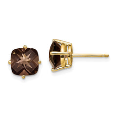 14K Yellow Gold 7mm Cushion Smokey Quartz Stud Earrings