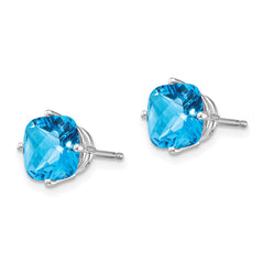 14K White Gold 7x7mm Cushion Blue Topaz Checker Earrings