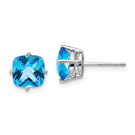 14K White Gold 7x7mm Cushion Blue Topaz Checker Earrings