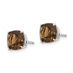 14K White Gold 7mm Cushion Checker-cut Smokey Quartz Earrings