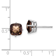 14K White Gold 7mm Cushion Checker-cut Smokey Quartz Earrings