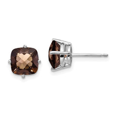 14K White Gold 7mm Cushion Checker-cut Smokey Quartz Earrings