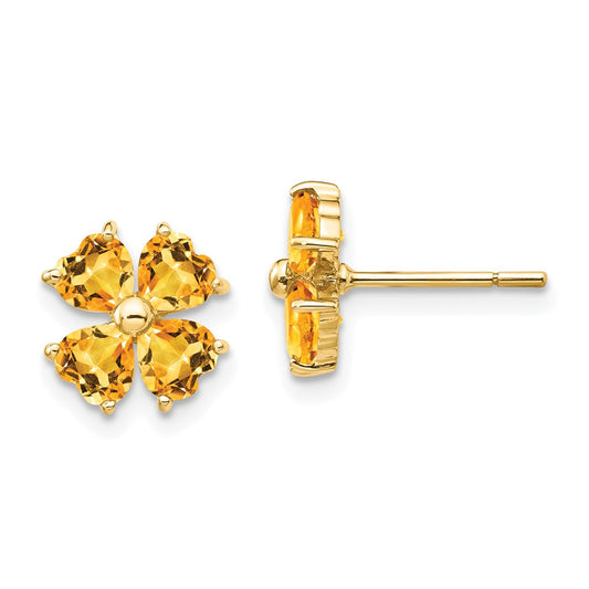 14K Yellow Gold Heart-shaped Citrine Flower Post Earrings