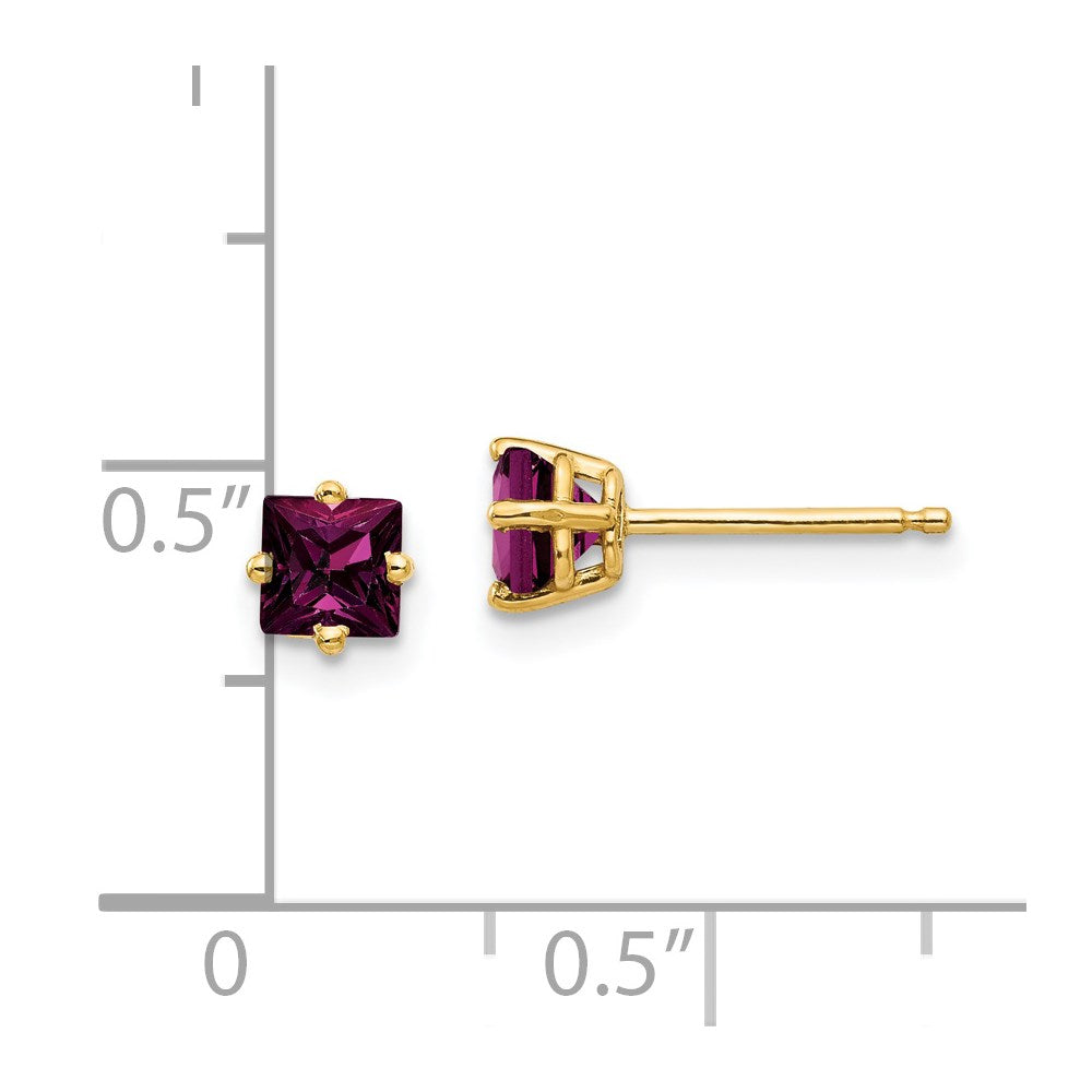 14K Yellow Gold 4mm Princess Cut Rhodolite Garnet Stud Earrings