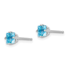 14K White Gold 4mm Princess Cut Blue Topaz Stud Earrings
