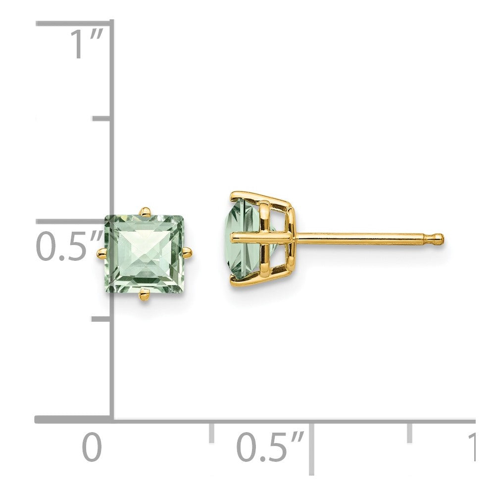 14K Yellow Gold 5mm Square Checker-cut Green Quartz Earrings