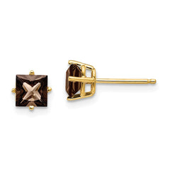 14K Yellow Gold 5mm Square Smokey Quartz Stud Earrings