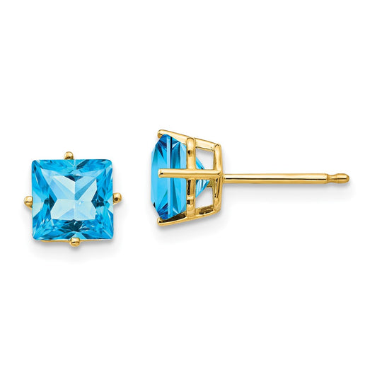 14K Yellow Gold 6mm Princess Cut Blue Topaz Stud Earrings