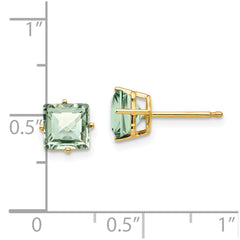 14K Yellow Gold 6mm Square Checker-cut Green Quartz Earrings