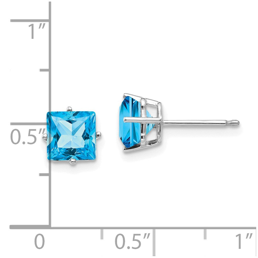 14K White Gold 6mm Princess Cut Blue Topaz Stud Earrings