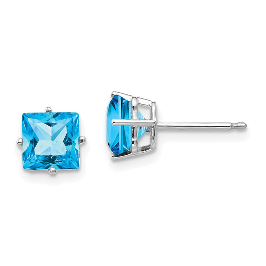 14K White Gold 6mm Princess Cut Blue Topaz Stud Earrings