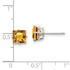 14K White Gold 6mm Princess Cut Citrine Stud Earrings