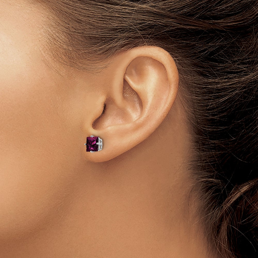 14K White Gold 6mm Rhodolite Garnet Princess Stud Earrings