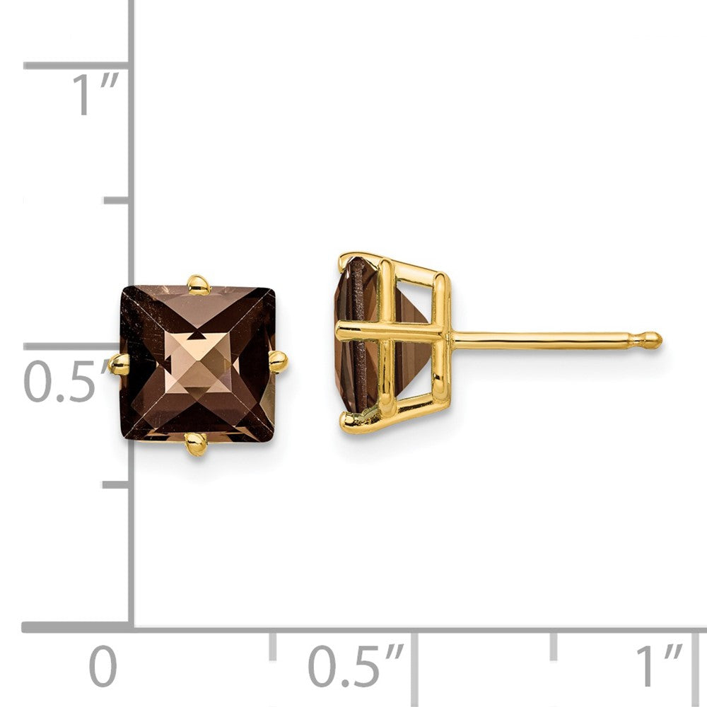 14K Yellow Gold 7mm Square Checker-cut Smokey Quartz Stud Earrings