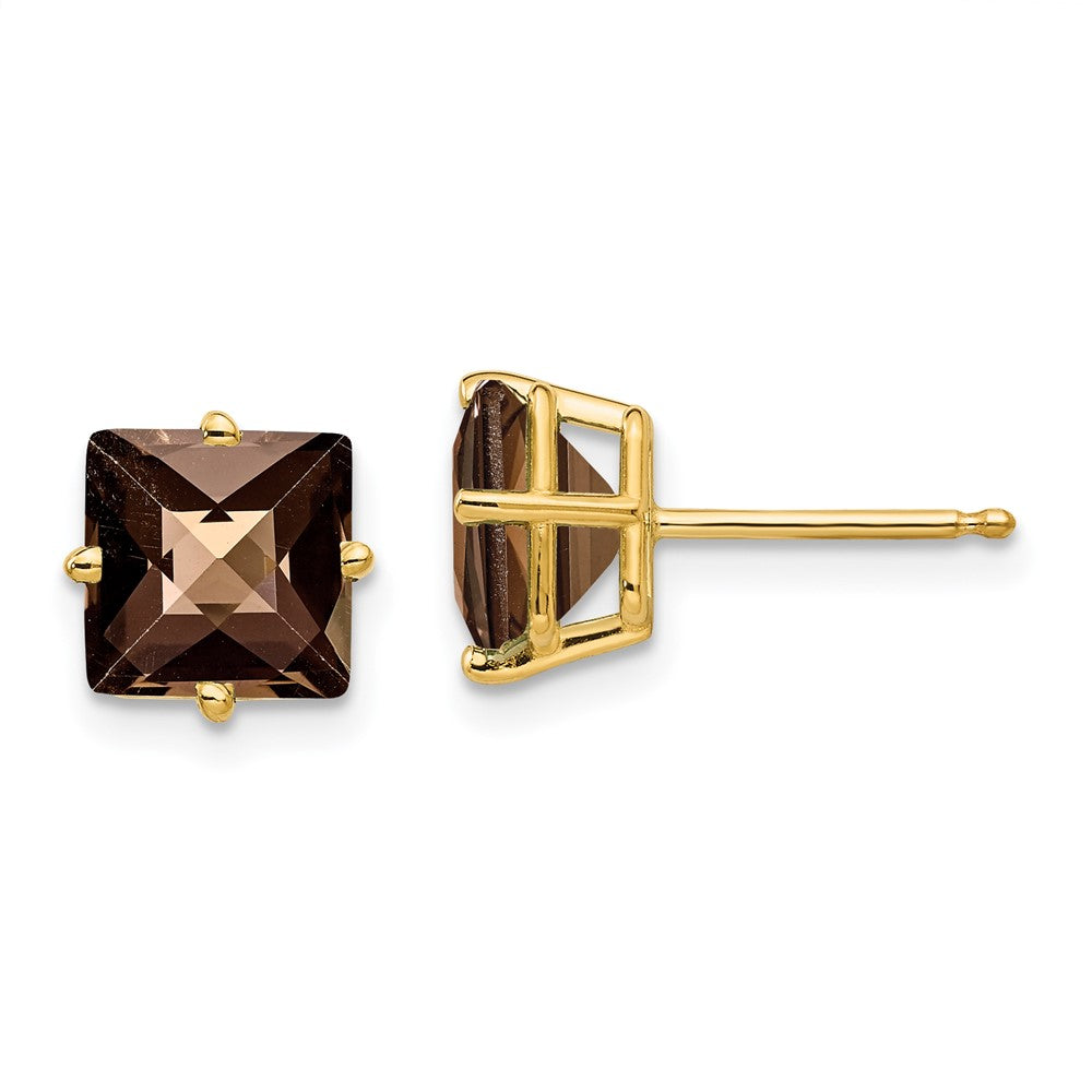 14K Yellow Gold 7mm Square Checker-cut Smokey Quartz Stud Earrings