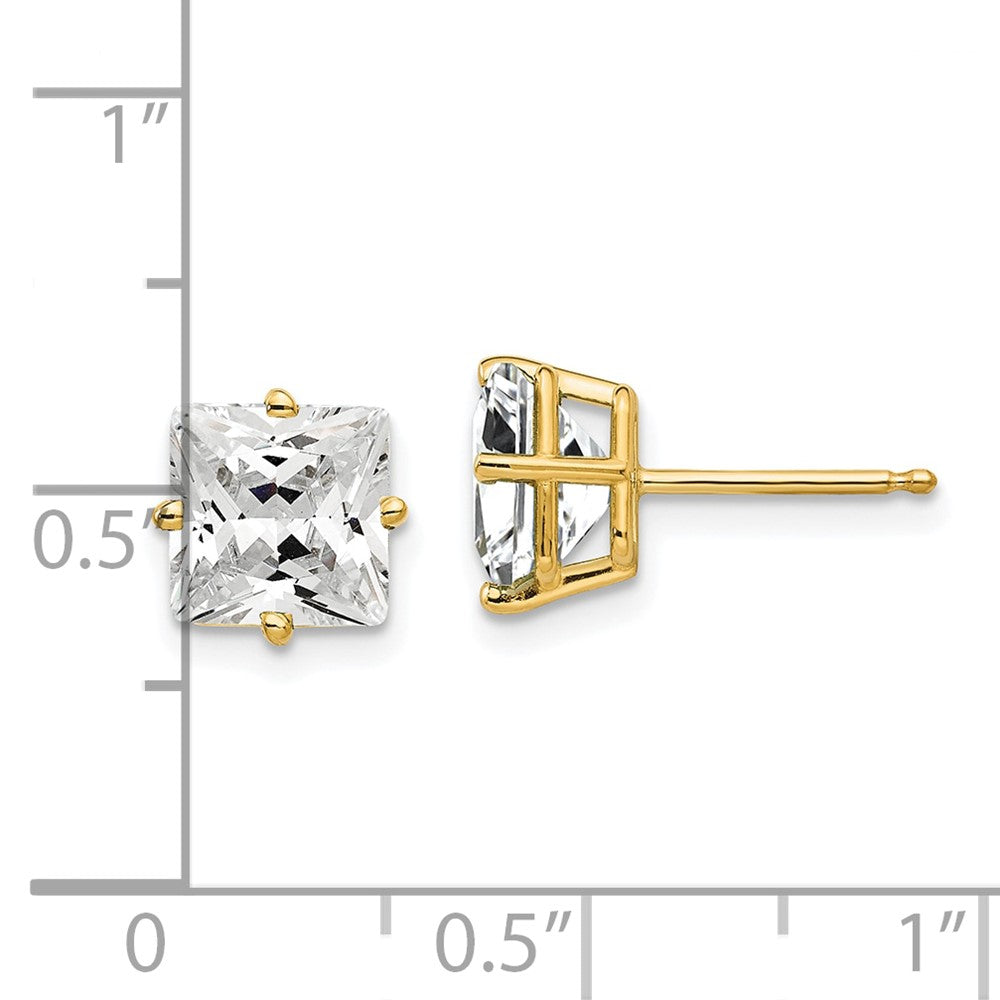 14K Yellow Gold 7mm Princess Cut Cubic Zirconia Stud Earrings