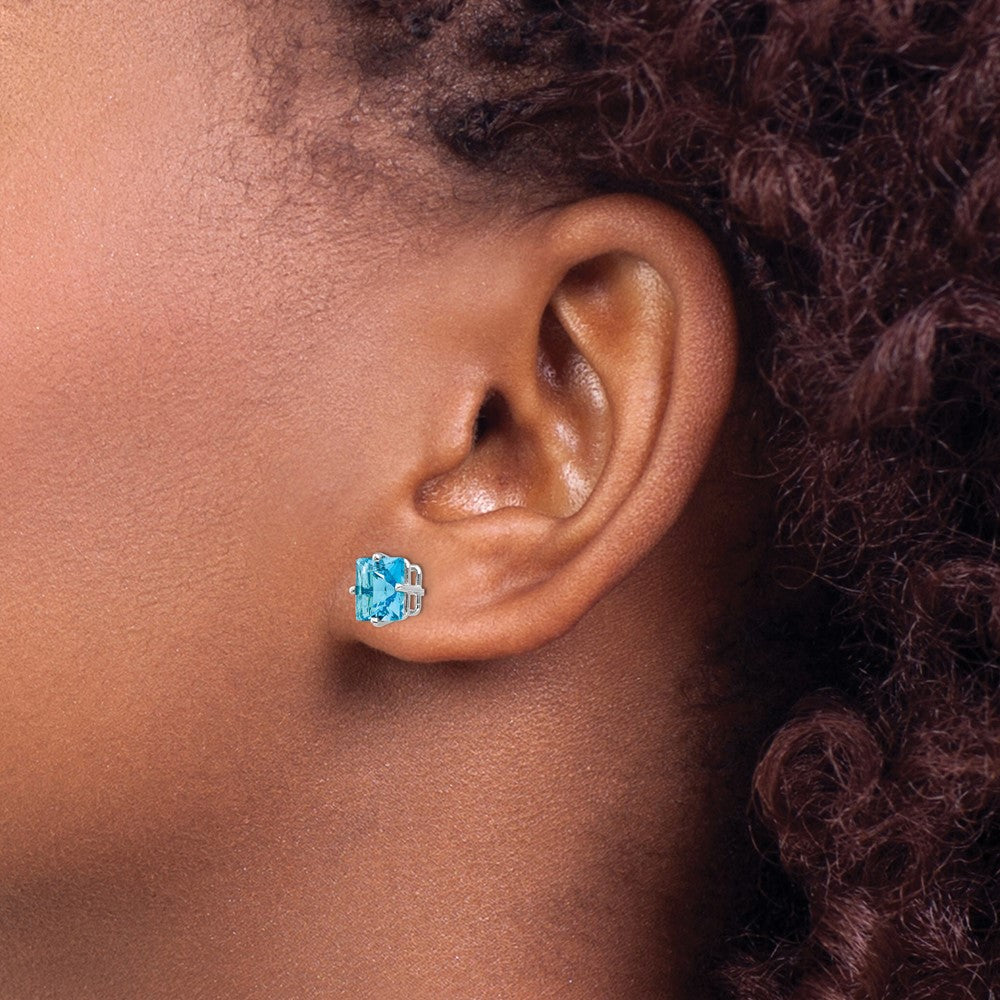 14K White Gold 7mm Princess Cut Blue Topaz Stud Earrings