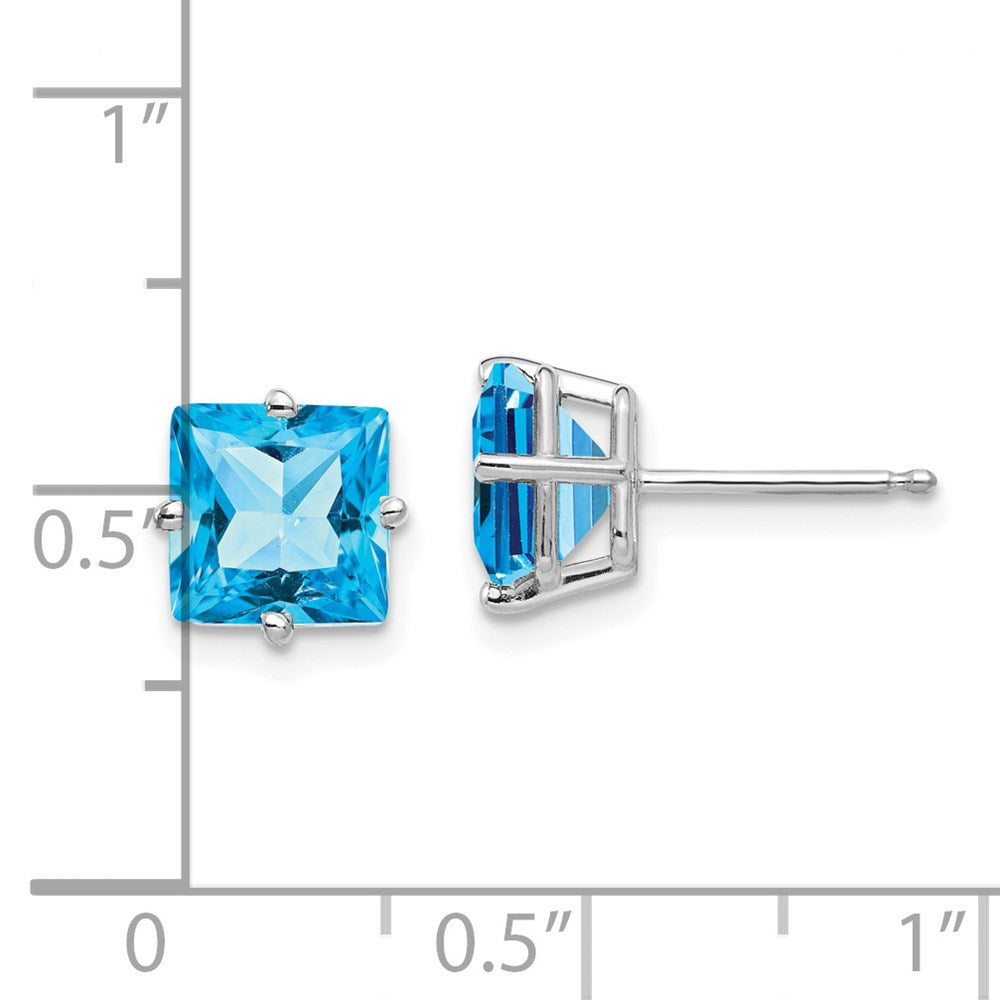 14K White Gold 7mm Princess Cut Blue Topaz Stud Earrings