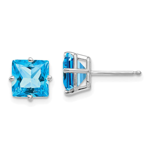 14K White Gold 7mm Princess Cut Blue Topaz Stud Earrings