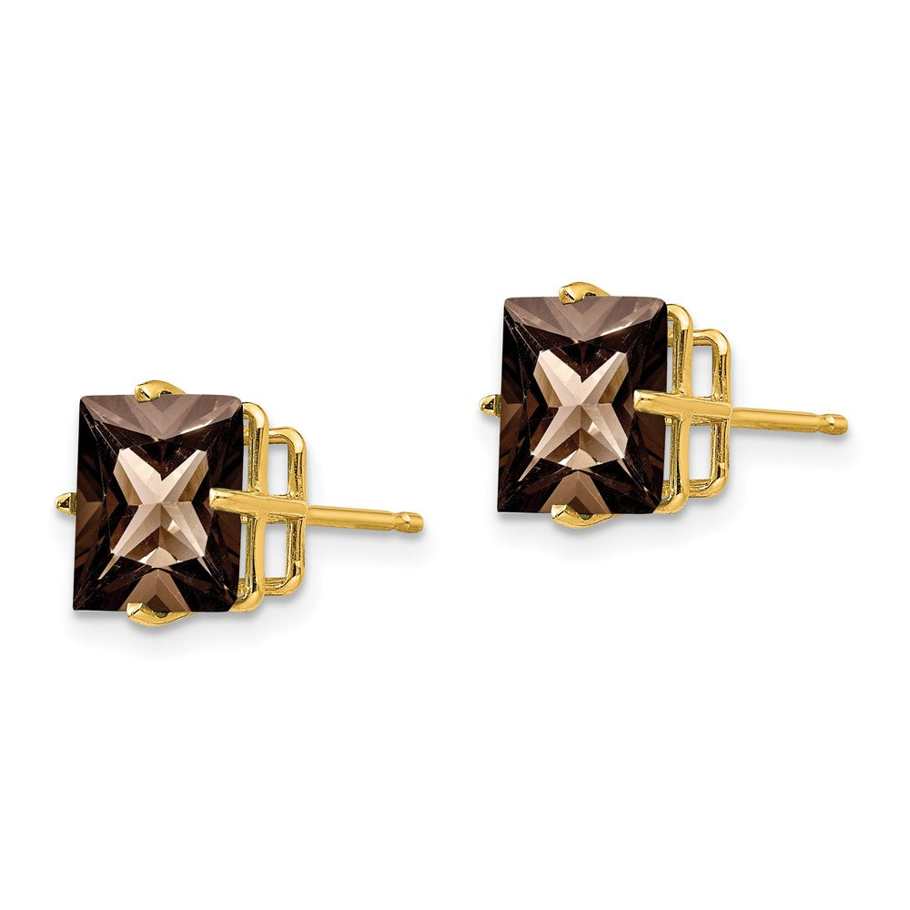 14K Yellow Gold 8mm Square Checker-cut Smokey Quartz Stud Earrings