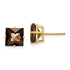 14K Yellow Gold 8mm Square Checker-cut Smokey Quartz Stud Earrings