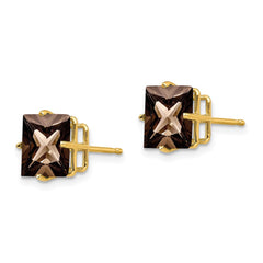14K Yellow Gold 8mm Square Smokey Quartz Stud Earrings