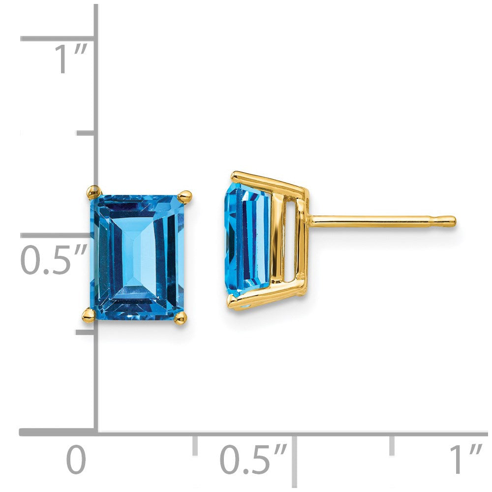14K Yellow Gold 8x6mm Emerald-cut Blue Topaz Stud Earrings