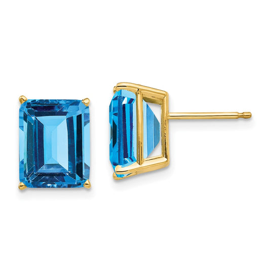 14K Yellow Gold 10x8mm Emerald-cut Blue Topaz Stud Earrings