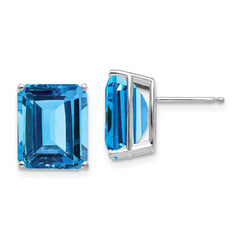 14K White Gold 12x10mm Emerald-cut Blue Topaz Stud Earrings