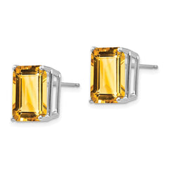 14K White Gold Emerald-cut Citrine Stud Earrings