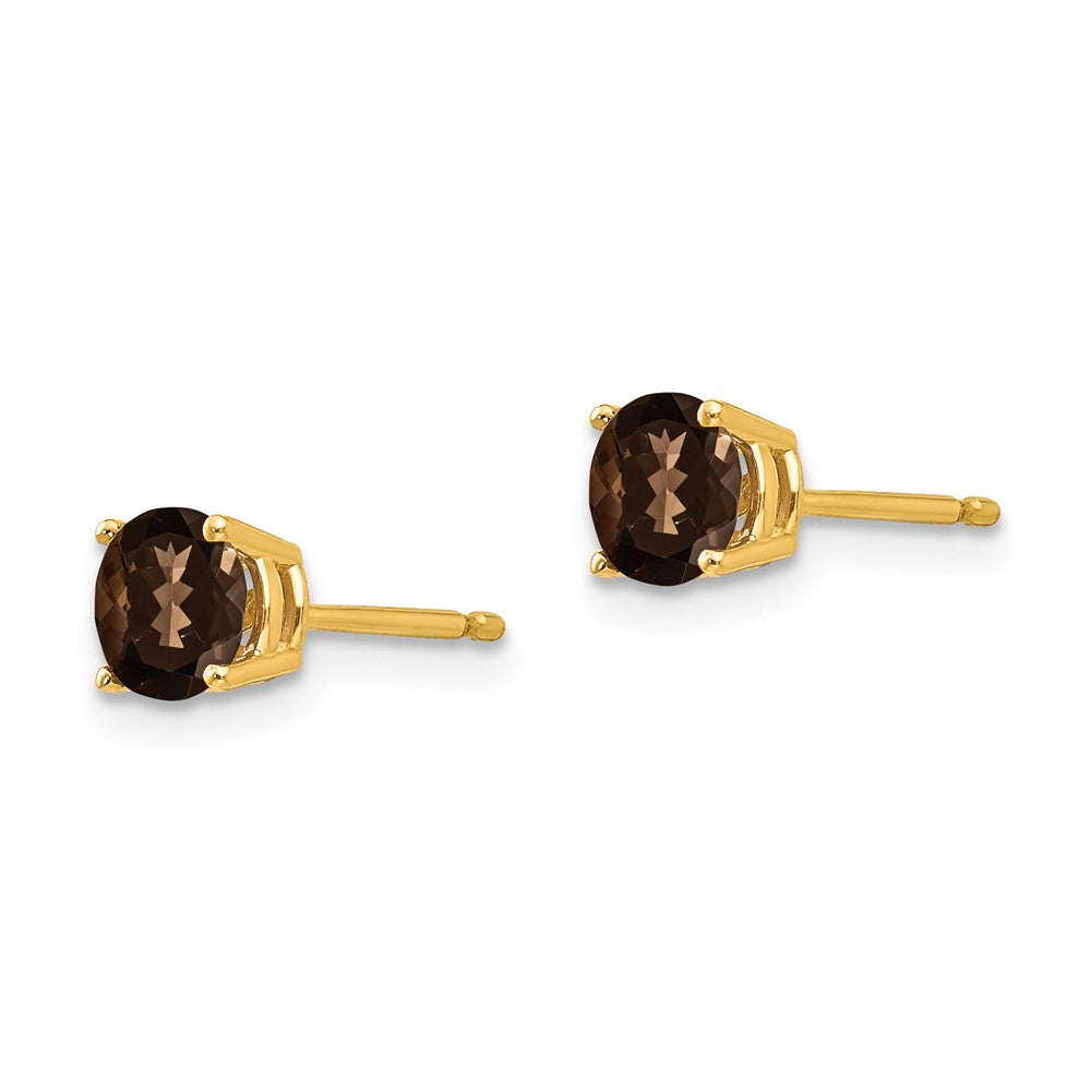 14K Yellow Gold 5mm Round Smokey Quartz Stud Earrings