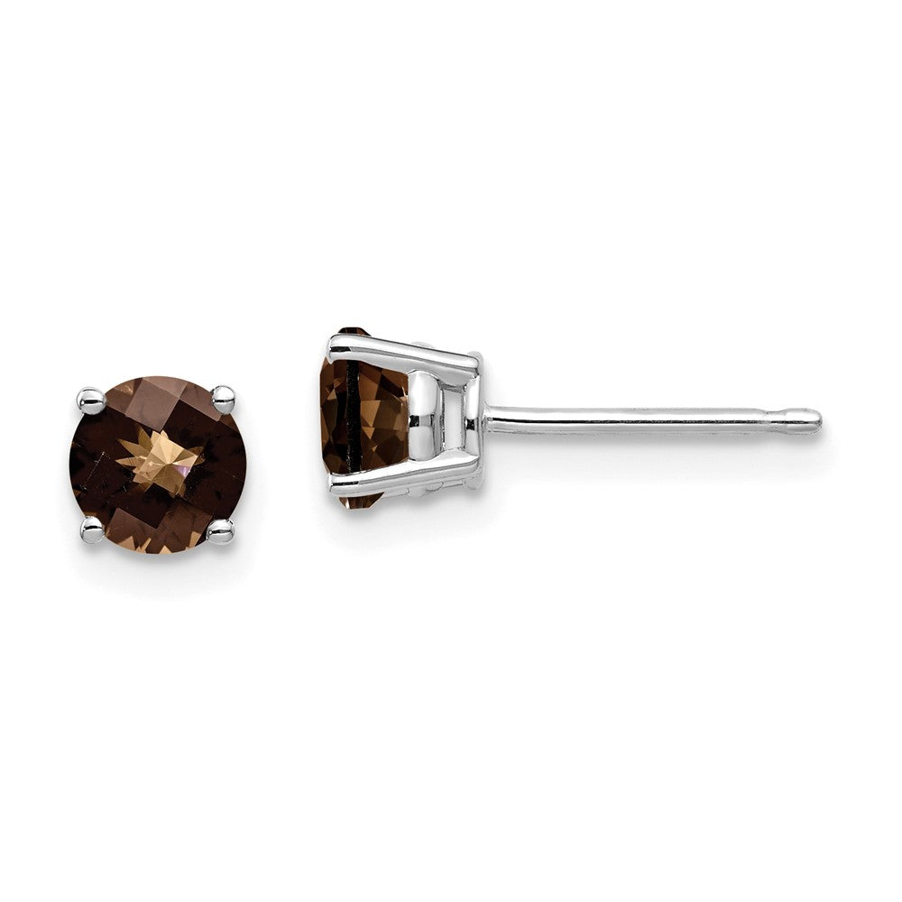 14K White Gold 5mm Round Checker-cut Smokey Quartz Stud Earrings