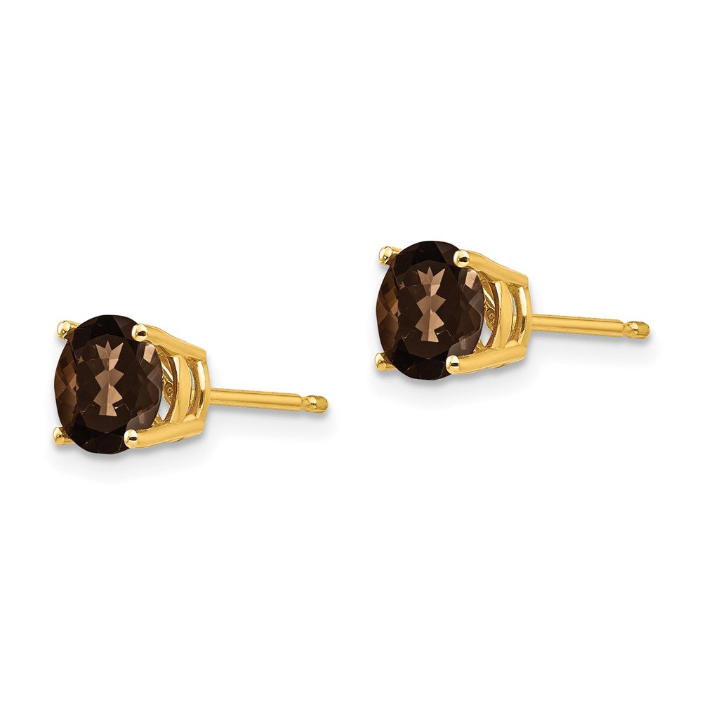 14K Yellow Gold 6mm Round Checker-cut Smokey Quartz Stud Earrings