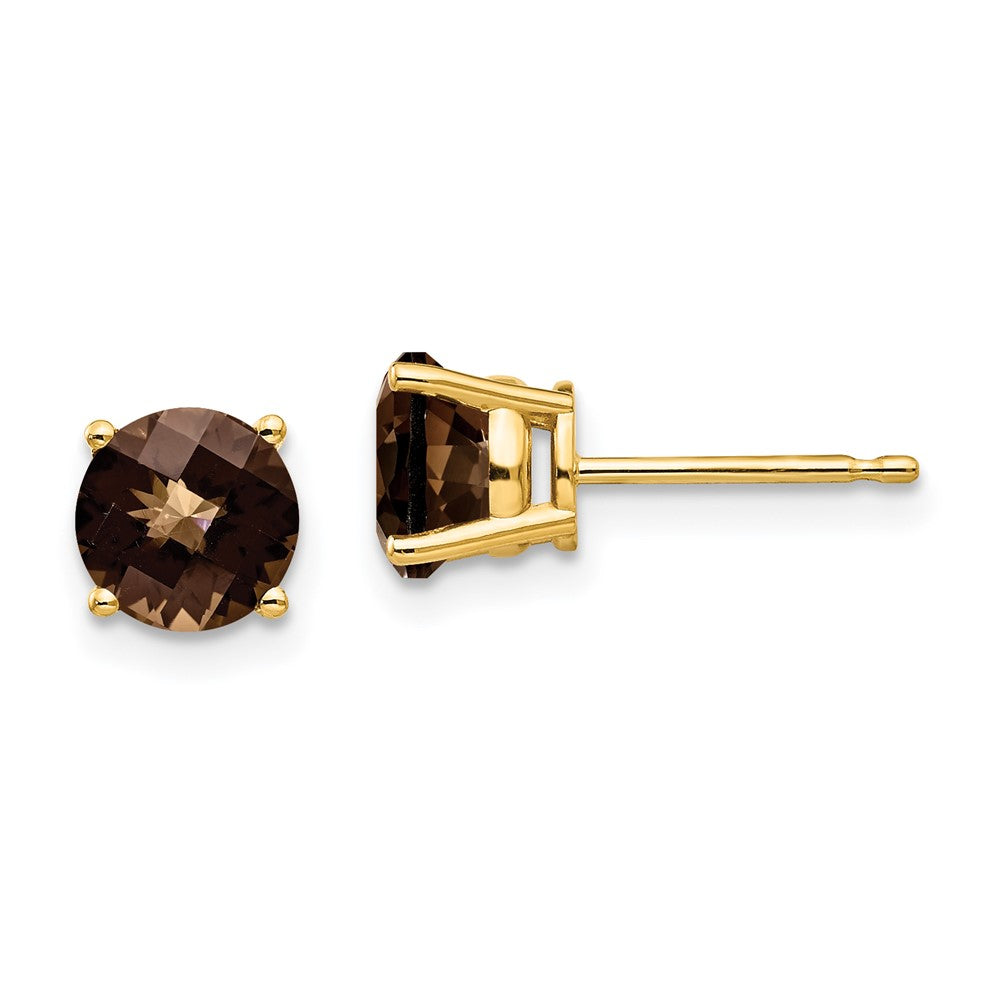 14K Yellow Gold 6mm Round Checker-cut Smokey Quartz Stud Earrings