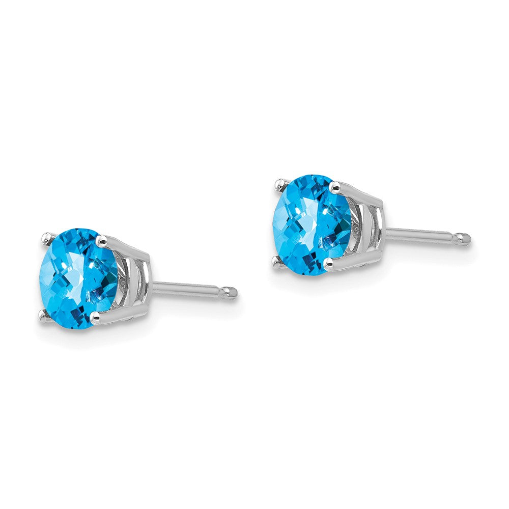 14K White Gold 6mm Blue Topaz Checker Stud Earrings