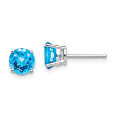 14K White Gold 6mm Blue Topaz Checker Stud Earrings