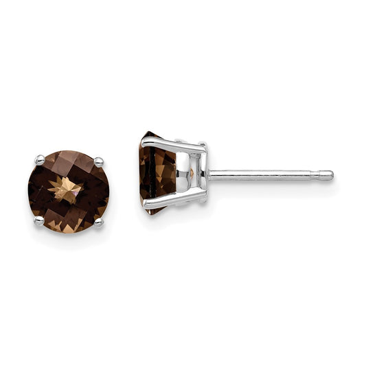 14K White Gold 6mm Round Checker-cut Smokey Quartz Stud Earrings