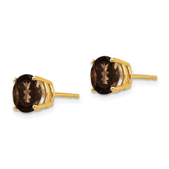 14K Yellow Gold 7mm Round Checker-cut Smokey Quartz Stud Earrings