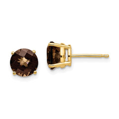 14K Yellow Gold 7mm Round Checker-cut Smokey Quartz Stud Earrings