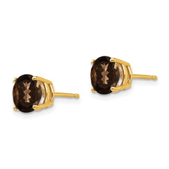 14K Yellow Gold 7mm Round Smokey Quartz Stud Earrings
