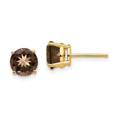 14K Yellow Gold 7mm Round Smokey Quartz Stud Earrings