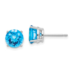 14K White Gold 7mm Blue Topaz Checker Stud Earrings